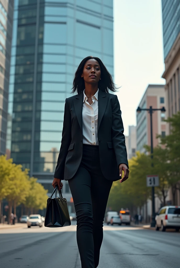 Black beautiful woman walking to her working office gate 