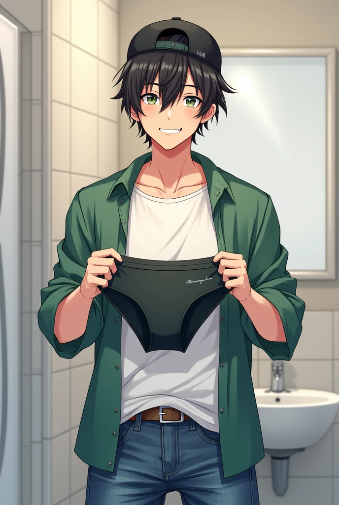1 male,20 years old,(open collar shirt),(stylish pattern boxer briefs,tight,low rise),kitchen,salad,lunch,(detailed eyes),detailed skin,(masterpiece,best quality:1.4),Top Quality,High quality,Ultra detailed,insanely detailed,anime style