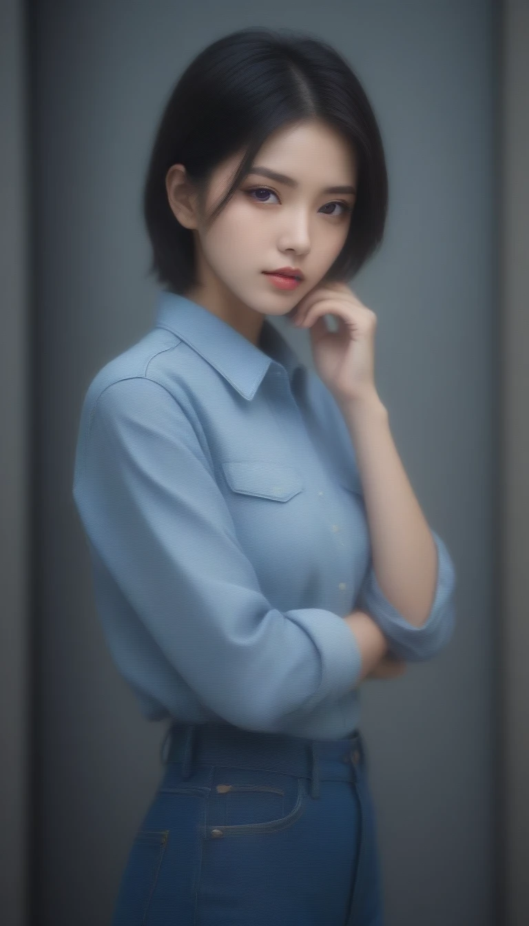 8k, Ultra-high resolution, Highest quality, masterpiece, 三分割法によるphotograph,Surreal, photograph, 1 , (:1.3), cute, cute顔, 細部までBeautiful Eyes, 細かくdetailedに,masterpiece,One Girl:1.2,Japanese women,student,cowboy shot,glaring,Black short hair,messy hair,from side,(Denim shirt:1.3),Leaning against the wire mesh,Glare,Blue Collar,Factory wall,Bleach Bypass,(Beautiful attention to detail),Subtle details, detailedな顔,anger,Attractive eyes,(ポートレートphotograph:1.4),(Photorealistic images:1.4),Fantasy art,(Beautiful Face:1.4),美しくAttractive eyes、Beautiful Eyes,(Tight waist:1.4)、(Beautiful with perfect body proportions:1.4),Pink Lips,profile,(((Ideal body type))),A-cup small breasts :2,、Portraiture:2、Perfect Anatomy、鮮明なdetailed、detailed,Fashion magazine cover,Thin lips,完璧でBeautiful Face ,完璧でcute顔, Skin with attention to detail, Perfect limbs、Narrow waist,Surreal,Light and shadow,backlighting