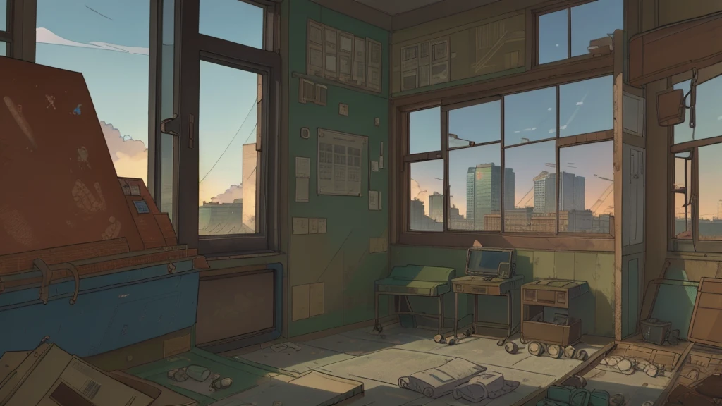 perfect anime illustration, hospital room, couches, some garbage and rust, big window with town in it, (no people), russianebenya, masterpiece, best quality, ultra high res, 