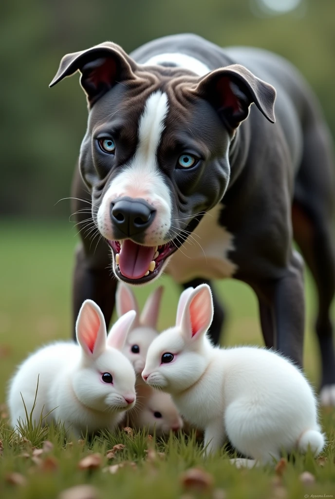 (photorealism:1.2), adult, pitbul dog, black en white, one blue eye and one brown eye, with heterochromia, attak white bunnies, mother bunny offers to save her children
