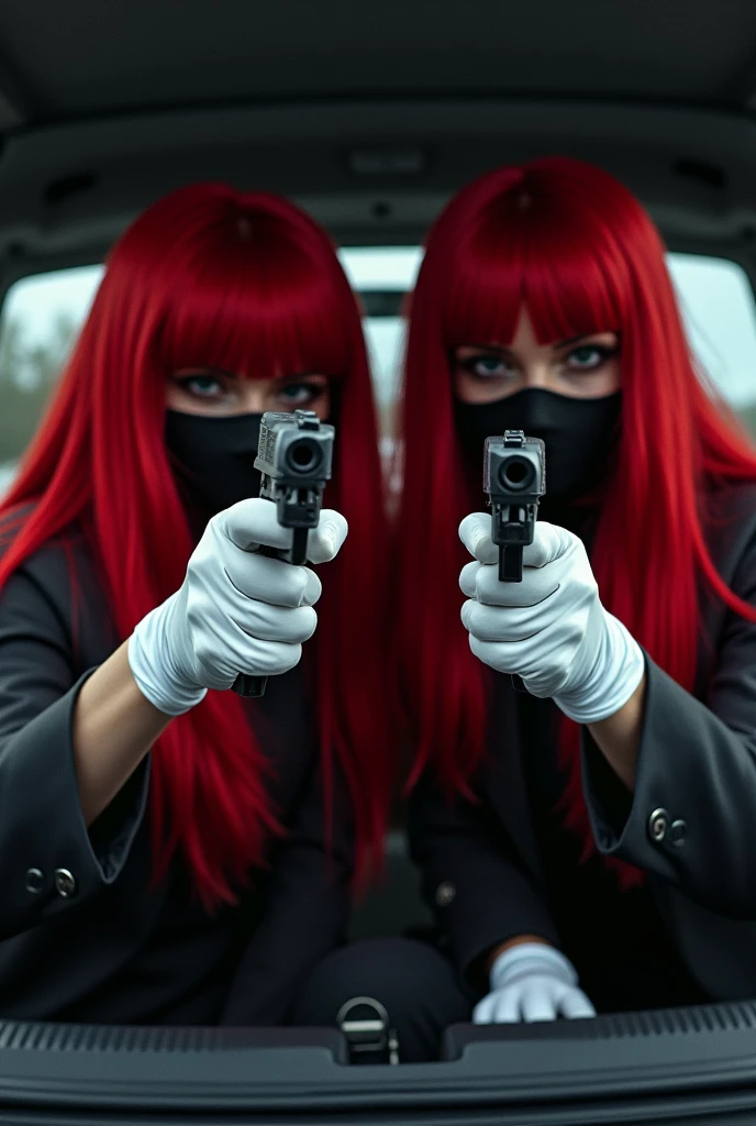 2 women wearing a long red hair wig with a mask and wearing white leather gloves and taking hostages with their guns in a trunk