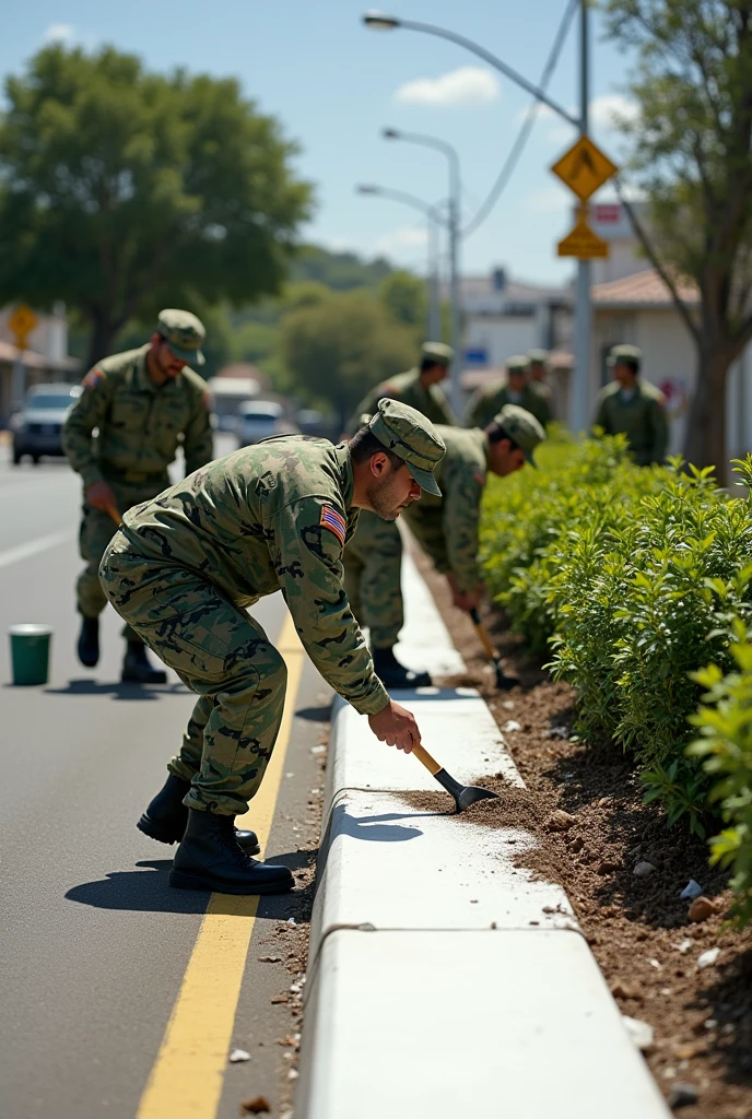 Brazilian army soldiers, with watermelon green camouflage uniforms, painting the curb with white paint, and weeding the bushes with hoes.
