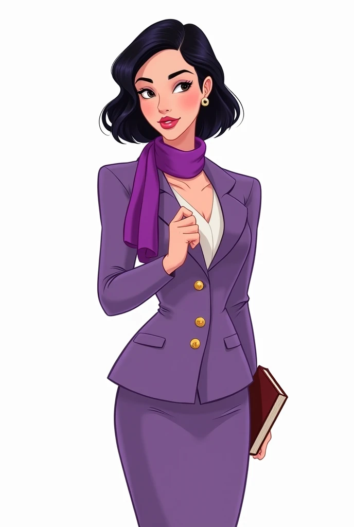 Disney-type image with a white background, a woman with medium-short black hair, a purple suit, a skirt and blouse, and a purple scarf on her neck, and a book in her hand