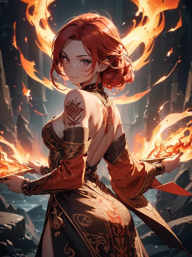 (((best quality, sharp image, clear image, cinematic lighting, 8k resolution, masterpiece, ultra detailed, intricate))) Girl, (((looking over left shoulder))), (shot from behind), fire mage, ((intricate background)), ((chaotic background)), red hair, smiling, ((flame runes, flame sigils)), (tatoo on back), slim figure, flying sigils, long dress, cute