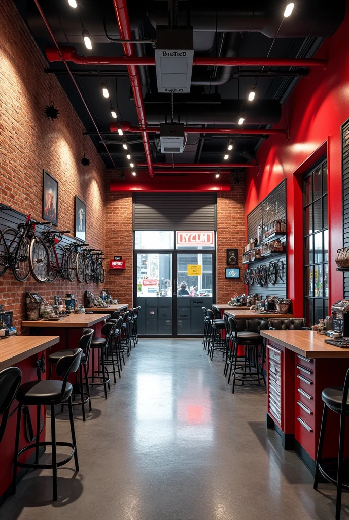 Interior design of a bicycle mechanic workshop that has 3 main sections, a mechanical zone, a shop area behind the counter and on the other side a rest area for cyclists... The colors are red, black and white and the business is called Cycling