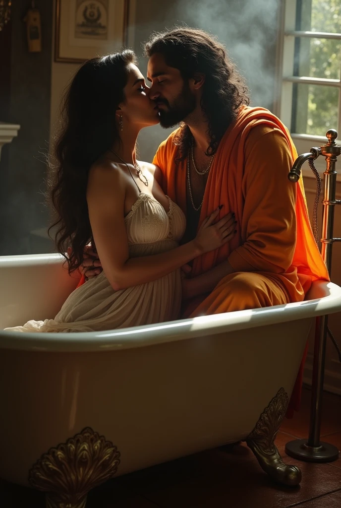 Hot girl, curvy hourglass body, wearing nighty, on bathtub, hindu pandit wearing saffron, kissing in night,