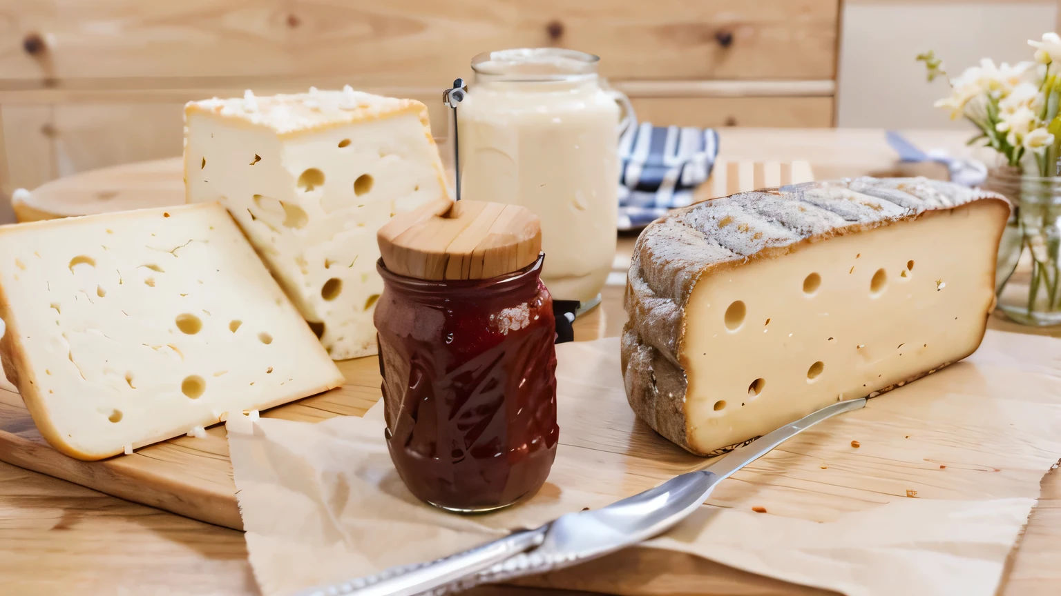 A wooden table with cheese and a jar of jam, ultra realistic