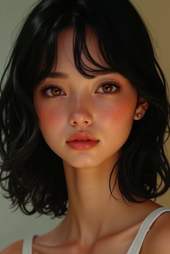 clearing! Here is a description with a more Brazilian touch:
"You have black hair, which is just above the shoulders. Her eyes are brown and her features are highlighted by some freckles on her face.. Your mouth is thin and your body is thin, conveying a natural and elegant beauty."