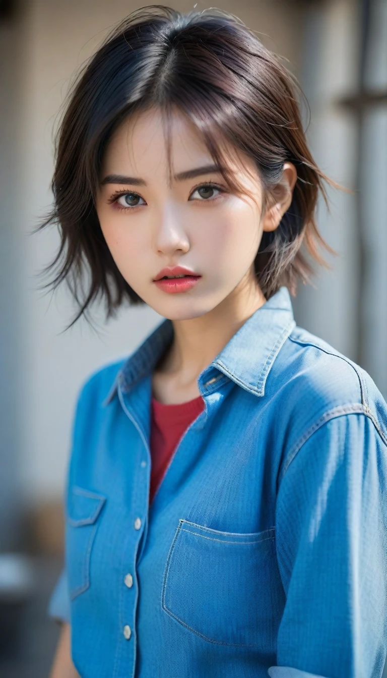 8k, Ultra-high resolution, Highest quality, masterpiece, 三分割法によるphotograph,Surreal, photograph, 1 , (:1.3), cute, cute顔, 細部までBeautiful Eyes, 細かくdetailedに,masterpiece,One Girl:1.2,Japanese women,student,cowboy shot,glaring,Black short hair,messy hair,from side,(Denim shirt:1.3),Leaning against the wire mesh,Glare,Blue Collar,Factory wall,Bleach Bypass,(Beautiful attention to detail),Subtle details, detailedな顔,anger,Attractive eyes,(ポートレートphotograph:1.4),(Photorealistic images:1.4),Fantasy art,(Beautiful Face:1.4),美しくAttractive eyes、Beautiful Eyes,(Tight waist:1.4)、(Beautiful with perfect body proportions:1.4),Pink Lips,profile,(((Ideal body type))),A-cup small breasts :2,、Portraiture:2、Perfect Anatomy、鮮明なdetailed、detailed,Fashion magazine cover,Thin lips,完璧でBeautiful Face ,完璧でcute顔, Skin with attention to detail, Perfect limbs、Narrow waist,Surreal,Light and shadow,backlighting