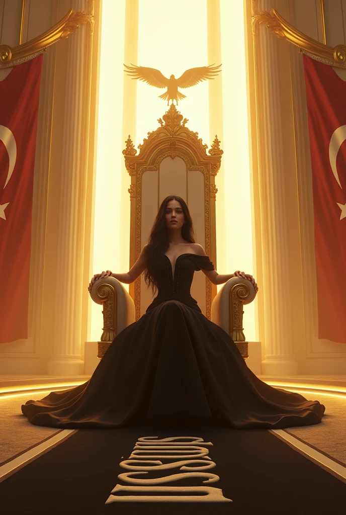 LET IT BE A PLACE WITH WHITE LIGHT. THERE SHOULD BE EAGLES ON THE RIGHT AND LEFT, AND THERE SHOULD BE THE QUEEN'S SEAT IN THE CENTER. LET THERE BE A TURKISH FLAG IN THE PHOTO. A 23-YEAR-OLD WOMAN WITH BLACK HAIR IS SITTING IN THE ROYAL SEAT. THE LADY'S DRESS MUST BE BLACK. "TUGBA KALAN" SHOULD BE WRITTEN ON THE WALL WITH A 3D LOGO. THE COLOR SHOULD BE GOLDEN YELLOW. THERE MUST BE CARPET ON THE FLOOR AND IT SHOULD BE IN BLACK AND WHITE COLOR. IT SHOULD WRITE "BEŞİKTAŞ" ON IT.