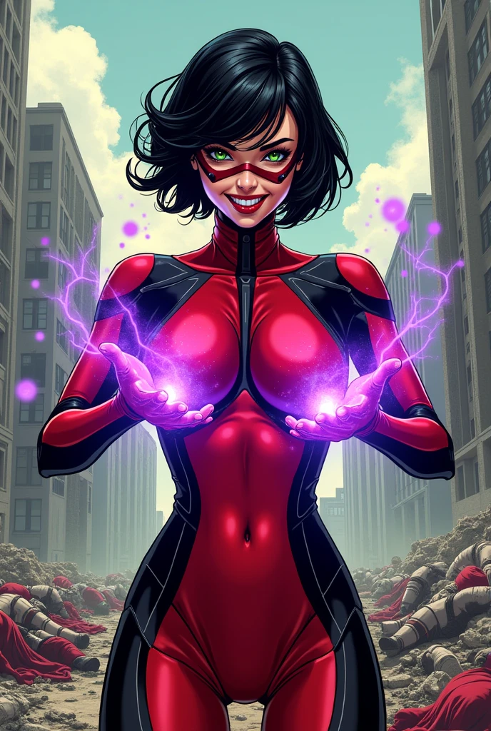 Manga style. A confidant, sexy pose of a Beautiful and powerful evil supervillain woman with short black hair in a layered bob, green eyes covered by a red and black high tech visor, and red lips, a sadistic grin across her face.  She is wearing a sleek skintight bright red and black high tech power armor and radiating purple energy around her hands. Destroying, Evil wins, destroyed city, lots of bodies of costumed heroes litter the ground.