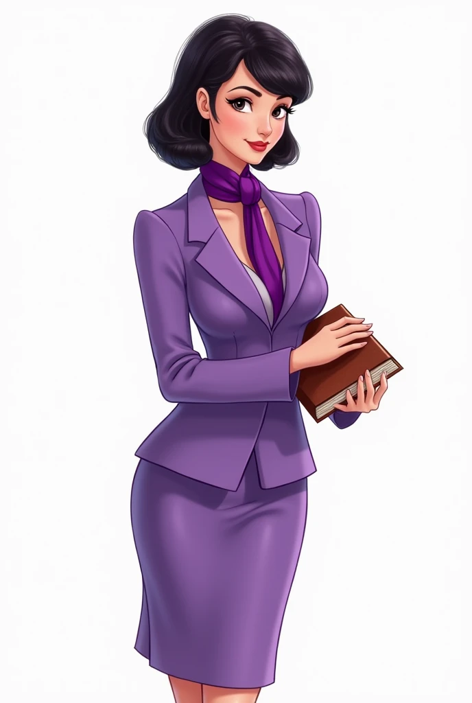 Disney-type image with a white background, a woman with medium-short black hair, a purple suit, a skirt and blouse, and a purple scarf on her neck, and a book in her hand 