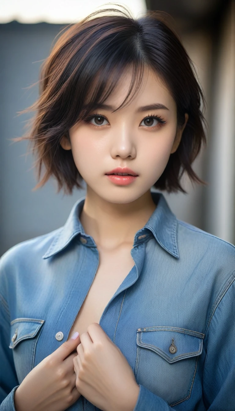 8k, Ultra-high resolution, Highest quality, masterpiece, 三分割法によるphotograph,Surreal, photograph, 1 , (:1.3), cute, cute顔, 細部までBeautiful Eyes, 細かくdetailedに,masterpiece,One Girl:1.2,Japanese women,student,cowboy shot,glaring,Black short hair,messy hair,from side,(Denim shirt:1.3),Leaning against the wire mesh,Glare,Blue Collar,Factory wall,Bleach Bypass,(Beautiful attention to detail),Subtle details, detailedな顔,anger,Attractive eyes,(ポートレートphotograph:1.4),(Photorealistic images:1.4),Fantasy art,(Beautiful Face:1.4),美しくAttractive eyes、Beautiful Eyes,(Tight waist:1.4)、(Beautiful with perfect body proportions:1.4),Pink Lips,profile,(((Ideal body type))),A-cup small breasts :2,、Portraiture:2、Perfect Anatomy、鮮明なdetailed、detailed,Fashion magazine cover,Thin lips,完璧でBeautiful Face ,完璧でcute顔, Skin with attention to detail, Perfect limbs、Narrow waist,Surreal,Light and shadow,backlighting