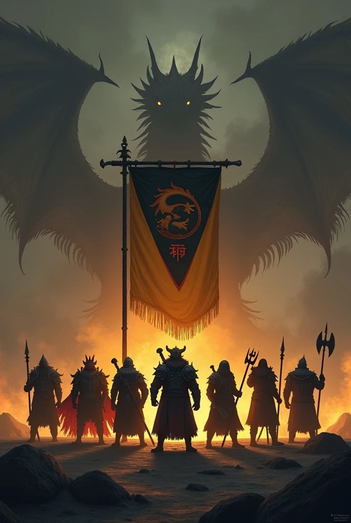 Create me an image in horizontal format that will be used as a cover for a video game guild. The image should have a somber and dark tone, with flames rising from the ground in shades of yellow and red, keeping that dark tone. From far behind should emerge the shadow of an oriental dragon. From the floor should anchor a banner, with a dark yellow flag and a line in the middle of dark red v-shaped, and in the center place the logo of a full oriental dragon in black. Finally before the flames that appear 8 warriors in the style of World of Warcraft or Albion Online, wearing clothes in dark tones and weapons such as axes, swords, mage staffs of ice and fire, spears, and sticks. And finally below the image the following text "Welcome to Umbra Draconum". Centered text, first smaller the "Welcome to" and underneath bigger and more imposing the text "Umbra Draconum".