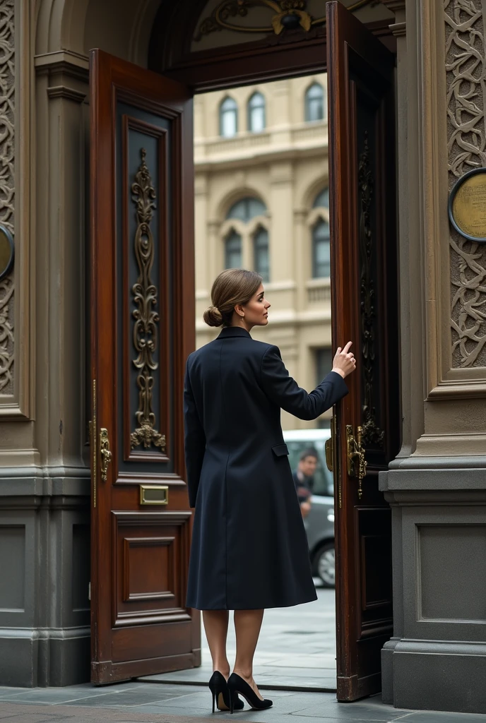 woman at the door of a building