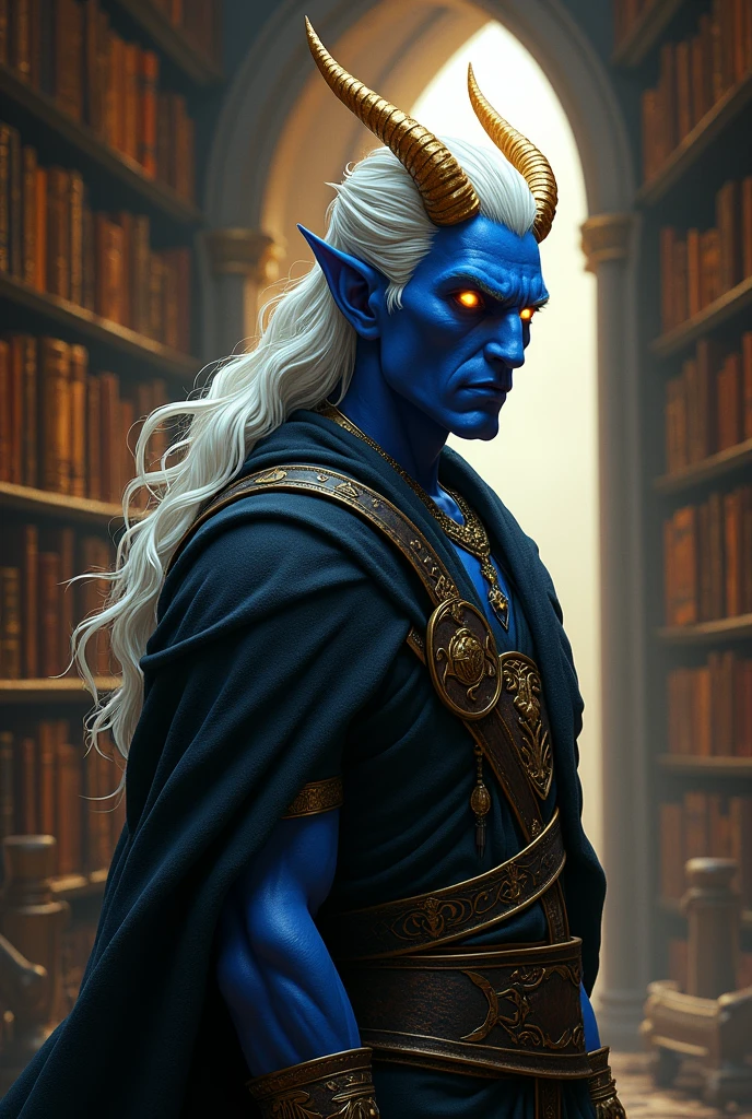High-fantasy concept art. Medium shot. Blue male tiefling with smooth, clean shaven face, a very sharply pointed chin, swept back flowing white hair, golden horns, and brightly shining golden eyes without irises in a mystical, ancient library. Golden hour. Soft, mystical light spills across the tiefling's facial features, accentuating his sharp jawline and horns. Intricate, leather-bound tomes line the shelves behind him. Warm, rich colors and atmospheric shadows. Best quality. Masterpiece. 8k resolution. Infinitely detailed. Dungeons and Dragons. Fantasy creatures. Mythical beings. High-fantasy worlds. Wizards of the Coast. Equipped warrior. Mystical auras. Leather armor. Sorcerous elements.