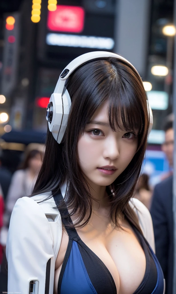 a woman covered in intricate white cybernetics, blue led lights, battle suit, cleavage, high tech, ultra high def, 32k, (Bikini Cyborg robot parts), (detailed:1.4), cyberpunk city background, rainy street, beautiful face, golden long hair, professional lighting, masterpiece, very delicate and beautiful, professional photograph, (smiling:0.5)
