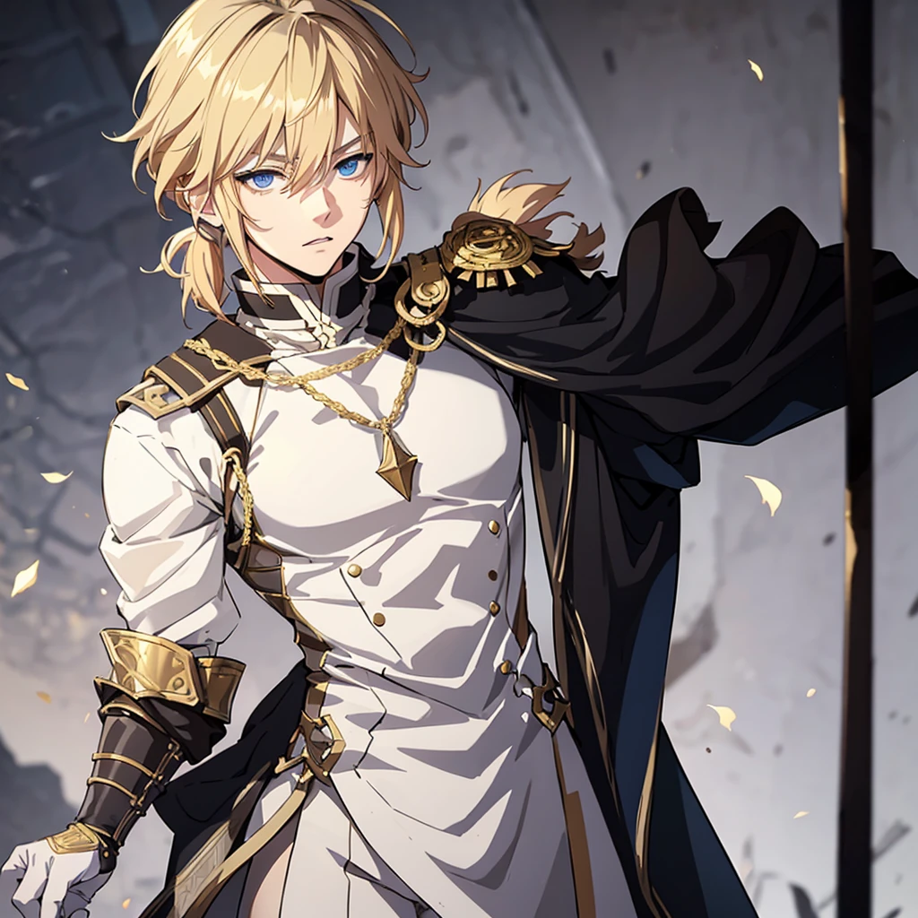 Anime attractive man, 20 year old, blonde hair, very very short ponytail, tall, muscular, white relatively tight mage tunic, black gloves, thin gold lining, solo, one person, knight, gold arm bracers