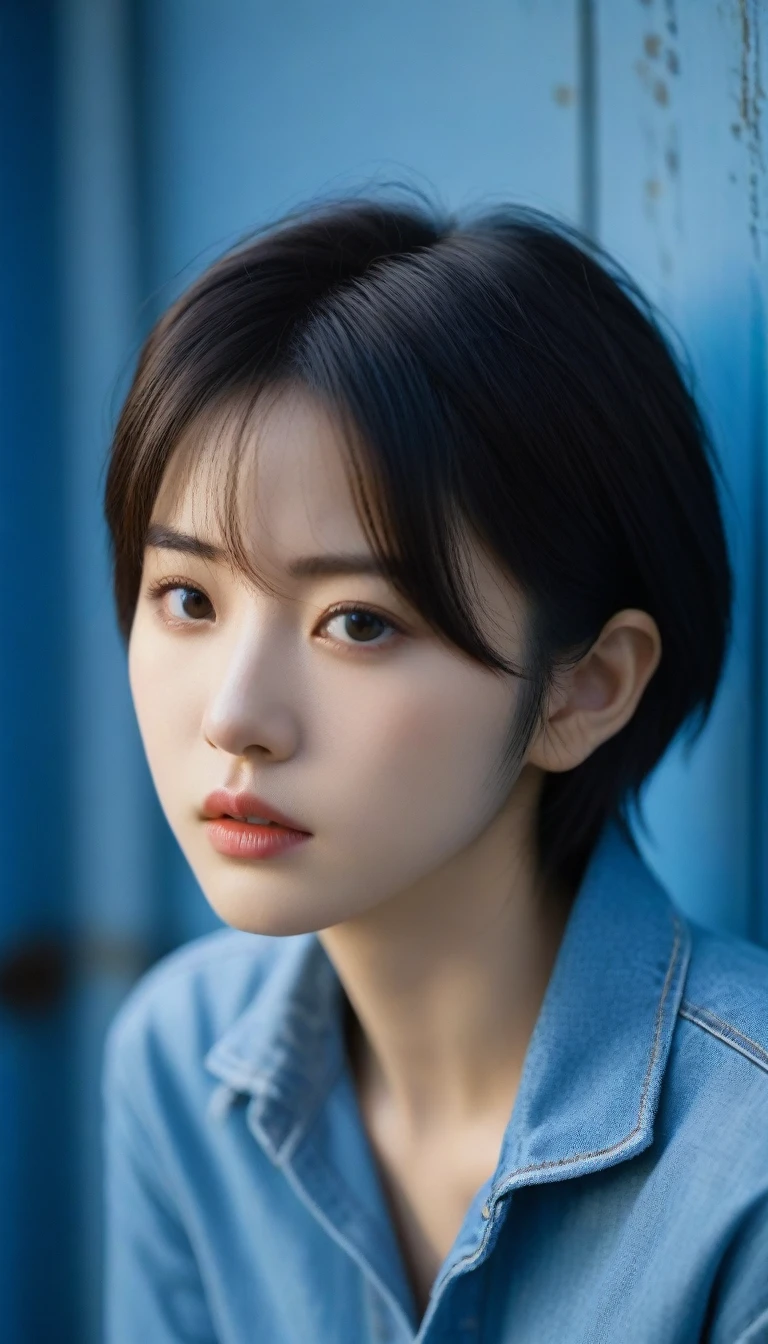 8k, Ultra-high resolution, Highest quality, masterpiece, 三分割法によるphotograph,Surreal, photograph, 1 , (:1.3), cute, cute顔, 細部までBeautiful Eyes, 細かくdetailedに,masterpiece,One Girl:1.2,Japanese women,student,cowboy shot,glaring,Black short hair,messy hair,from side,(Denim shirt:1.3),Leaning against the wire mesh,Glare,Blue Collar,Factory wall,Bleach Bypass,(Beautiful attention to detail),Subtle details, detailedな顔,anger,Attractive eyes,(ポートレートphotograph:1.4),(Photorealistic images:1.4),Fantasy art,(Beautiful Face:1.4),美しくAttractive eyes、Beautiful Eyes,(Tight waist:1.4)、(Beautiful with perfect body proportions:1.4),Pink Lips,profile,(((Ideal body type))),A-cup small breasts :2,、Portraiture:2、Perfect Anatomy、鮮明なdetailed、detailed,Fashion magazine cover,Thin lips,完璧でBeautiful Face ,完璧でcute顔, Skin with attention to detail, Perfect limbs、Narrow waist,Surreal,Light and shadow,backlighting