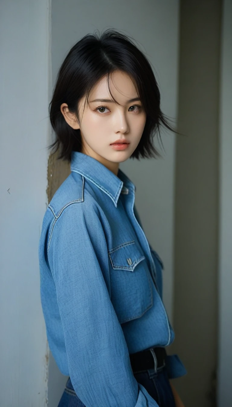 8k, Ultra-high resolution, Highest quality, masterpiece, 三分割法によるphotograph,Surreal, photograph, 1 , (:1.3), cute, cute顔, 細部までBeautiful Eyes, 細かくdetailedに,masterpiece,One Girl:1.2,Japanese women,student,cowboy shot,glaring,Black short hair,messy hair,from side,(Denim shirt:1.3),Leaning against the wire mesh,Glare,Blue Collar,Factory wall,Bleach Bypass,(Beautiful attention to detail),Subtle details, detailedな顔,anger,Attractive eyes,(ポートレートphotograph:1.4),(Photorealistic images:1.4),Fantasy art,(Beautiful Face:1.4),美しくAttractive eyes、Beautiful Eyes,(Tight waist:1.4)、(Beautiful with perfect body proportions:1.4),Pink Lips,profile,(((Ideal body type))),A-cup small breasts :2,、Portraiture:2、Perfect Anatomy、鮮明なdetailed、detailed,Fashion magazine cover,Thin lips,完璧でBeautiful Face ,完璧でcute顔, Skin with attention to detail, Perfect limbs、Narrow waist,Surreal,Light and shadow,backlighting