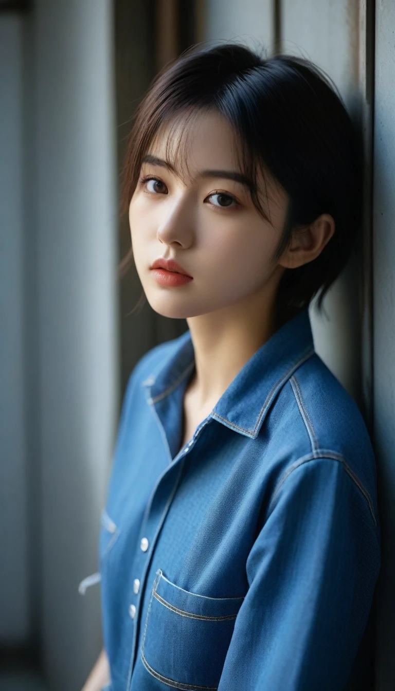 8k, Ultra-high resolution, Highest quality, masterpiece, 三分割法によるphotograph,Surreal, photograph, 1 , (:1.3), cute, cute顔, 細部までBeautiful Eyes, 細かくdetailedに,masterpiece,One Girl:1.2,Japanese women,student,cowboy shot,glaring,Black short hair,messy hair,from side,(Denim shirt:1.3),Leaning against the wire mesh,Glare,Blue Collar,Factory wall,Bleach Bypass,(Beautiful attention to detail),Subtle details, detailedな顔,anger,Attractive eyes,(ポートレートphotograph:1.4),(Photorealistic images:1.4),Fantasy art,(Beautiful Face:1.4),美しくAttractive eyes、Beautiful Eyes,(Tight waist:1.4)、(Beautiful with perfect body proportions:1.4),Pink Lips,profile,(((Ideal body type))),A-cup small breasts :2,、Portraiture:2、Perfect Anatomy、鮮明なdetailed、detailed,Fashion magazine cover,Thin lips,完璧でBeautiful Face ,完璧でcute顔, Skin with attention to detail, Perfect limbs、Narrow waist,Surreal,Light and shadow,backlighting