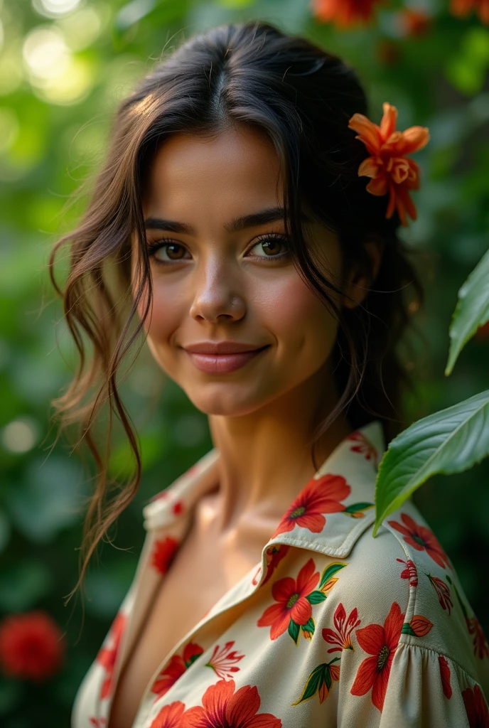 A Brazilian woman in a lush tropical garden, wearing an open shirt with a floral print, with a close-up capturing the harmonious beauty between her breasts and the natural flowers, showing off your natural charm and outgoing personality.