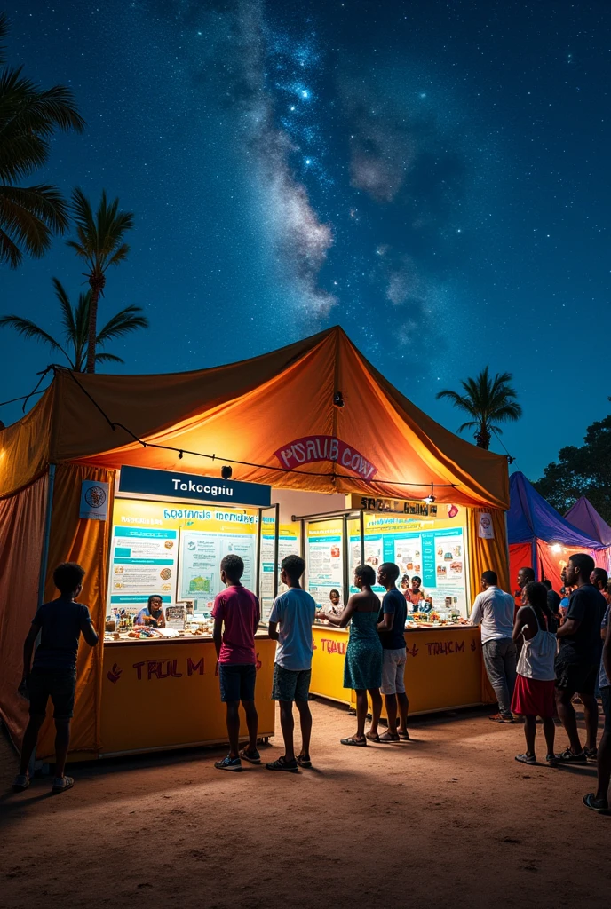 Create an image of a Lake of Stars Festival Stall in Malawi where Festival goers are looking at visual aids about climate change. They are also engaging in games and are encouraged to share what climate change means to them