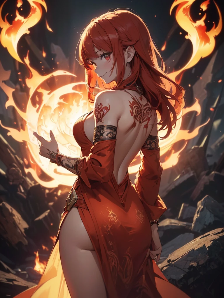 (((best quality, sharp image, clear image, cinematic lighting, 8k resolution, masterpiece, ultra detailed, intricate))) Girl, (((looking over left shoulder))), (shot from behind), fire mage, ((intricate background)), ((chaotic background)), red hair, smiling, ((flame runes, flame sigils)), (tatoo on back), slim figure, flying sigils, long dress, cute