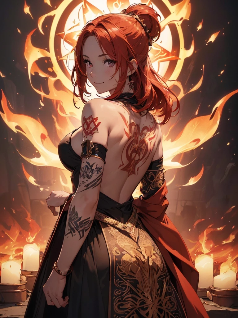 (((best quality, sharp image, clear image, cinematic lighting, 8k resolution, masterpiece, ultra detailed, intricate))) Girl, (((looking over left shoulder))), (shot from behind), fire mage, ((intricate background)), ((chaotic background)), red hair, smiling, ((flame runes, flame sigils)), (tatoo on back), slim figure, flying sigils, long dress, cute