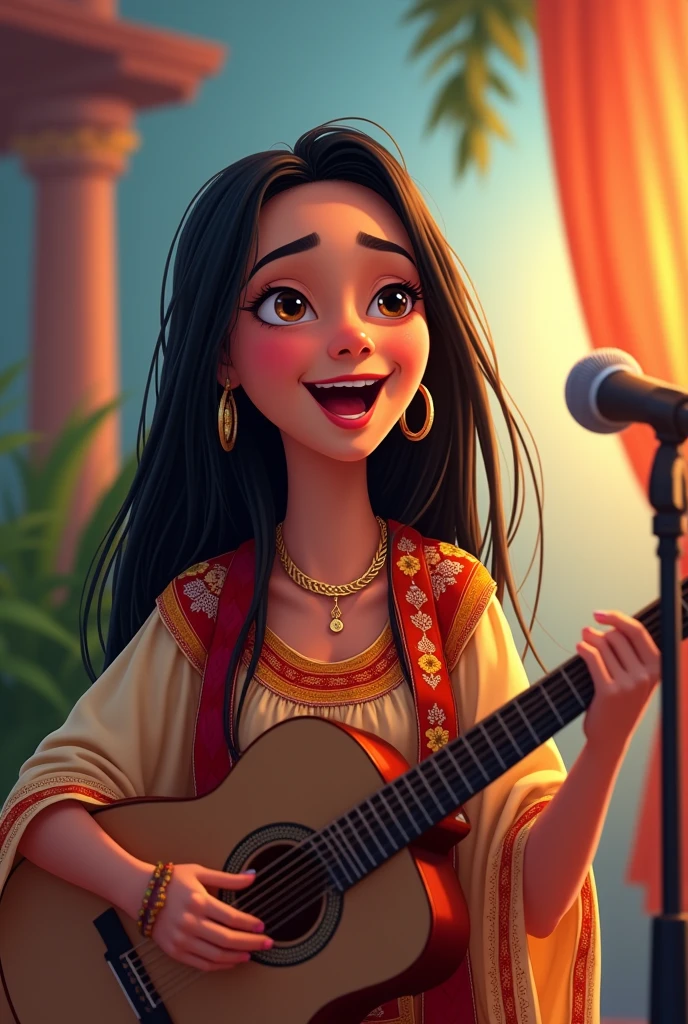 woman singing. She has straight black hair, small eyes, dark brown eyes, clear skin, medium build, peruvian clothing, Nice smile. disney type