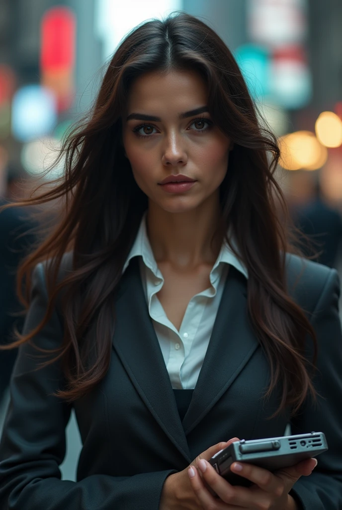dark brown haired female journalist