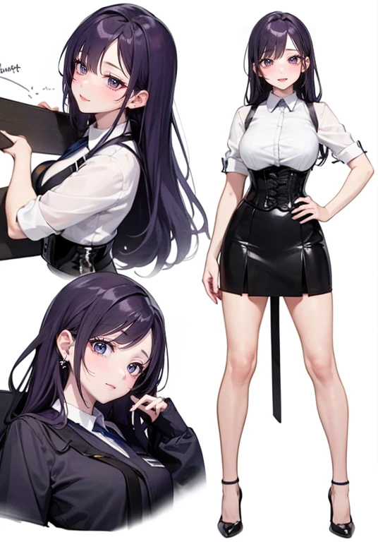 Purple Hair,Long Hair,Adult female,(White shirt),Body Harness,((Roll up your sleeves)),(corset),(Tight Skirt),(High heels),((Simple white background)),smile,((full body)),((whole body))