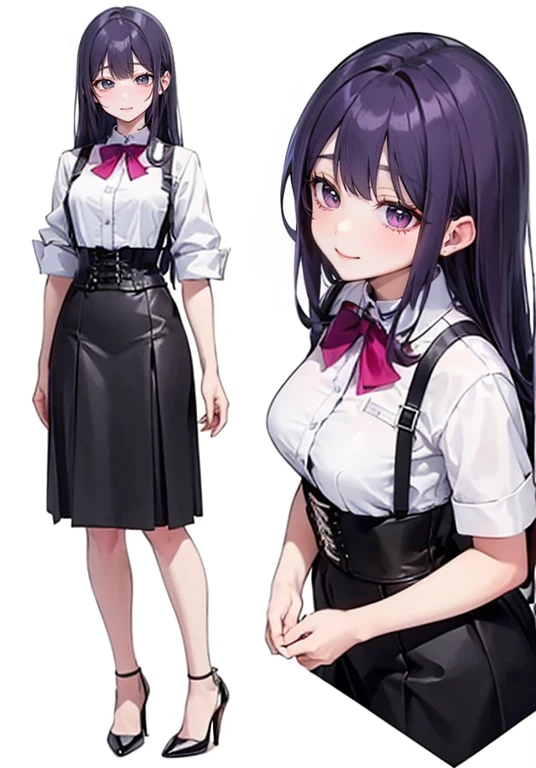 Purple Hair,Long Hair,Adult female,(White shirt),Body Harness,((Roll up your sleeves)),(corset),(Tight Skirt),(High heels),((Simple white background)),smile,((full body)),((whole body))