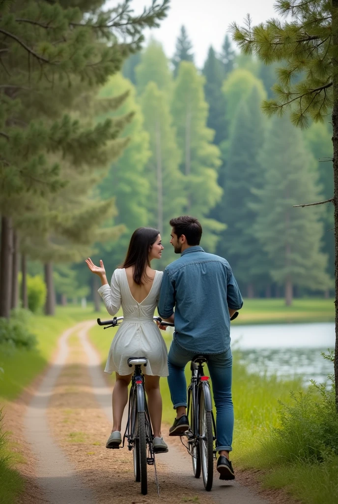 Real photo, couple on bike tour both sitting on the bike in the forest,both black hair,small lake on the right, she wears white short dress, he wears short blue jeans and a denim shirt, both look forward out of the picture,she points with her left hand towards the lake and smiles at him sexily