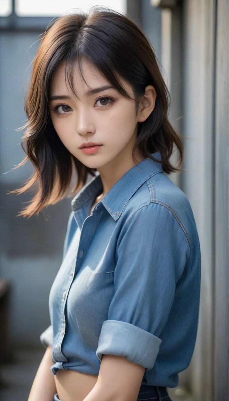 8k, Ultra-high resolution, Highest quality, masterpiece, 三分割法によるphotograph,Surreal, photograph, 1 , (:1.3), cute, cute顔, 細部までBeautiful Eyes, 細かくdetailedに,masterpiece,One Girl:1.2,Japanese women,student,cowboy shot,glaring,Black short hair,messy hair,from side,(Denim shirt:1.3),Leaning against the wire mesh,Glare,Blue Collar,Factory wall,Bleach Bypass,(Beautiful attention to detail),Subtle details, detailedな顔,anger,Attractive eyes,(ポートレートphotograph:1.4),(Photorealistic images:1.4),Fantasy art,(Beautiful Face:1.4),美しくAttractive eyes、Beautiful Eyes,(Tight waist:1.4)、(Beautiful with perfect body proportions:1.4),Pink Lips,profile,(((Ideal body type))),A-cup small breasts :2,、Portraiture:2、Perfect Anatomy、鮮明なdetailed、detailed,Fashion magazine cover,Thin lips,完璧でBeautiful Face ,完璧でcute顔, Skin with attention to detail, Perfect limbs、Narrow waist,Surreal,Light and shadow,backlighting