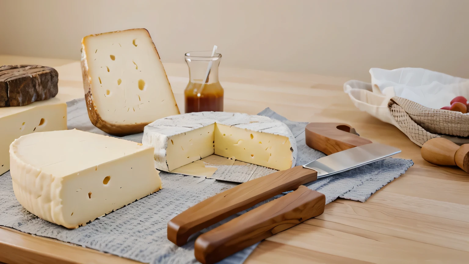 A wooden table with cheese, ultra realistic