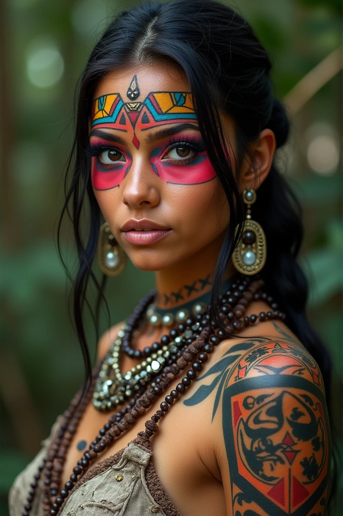 Full face of tribal style ultra-detailed Scandinavian girl tattooed with Maori pattern, Hyper colors granulated with vivid surrealist prism vision, 16 K, UE5 ., Indigenous, symbolic, Highly detailed、large boob、Big belly、big butts、Facing the front、is looking at the camera、realisitic、Brightly colored wings grow、Viking Shaman、Tattoos like eyes on the forehead、Numerous tattoos on the face,、A lot of tattoos on the body,,、