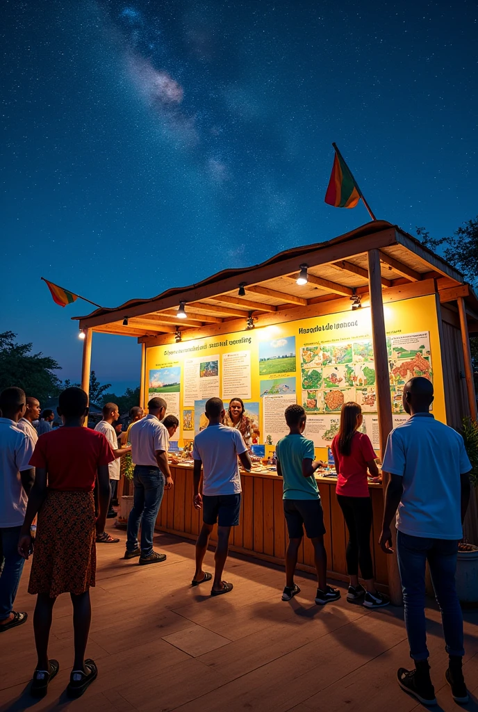 Create an image of a Lake of Stars Festival Stall in Malawi where Festival goers are looking at visual aids about climate change. They are also engaging in games and are encouraged to share what climate change means to them