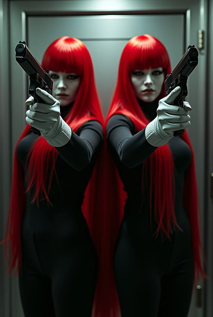 2 women wearing a long red hair wig with a mask and wearing white leather gloves and who are holding up a bank in a safe with a lot of money inside