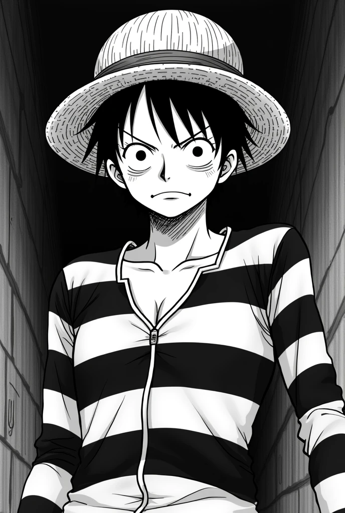 Monkey D. Luffy in prison uniform black and white striped long sleeves Original anime One Piece