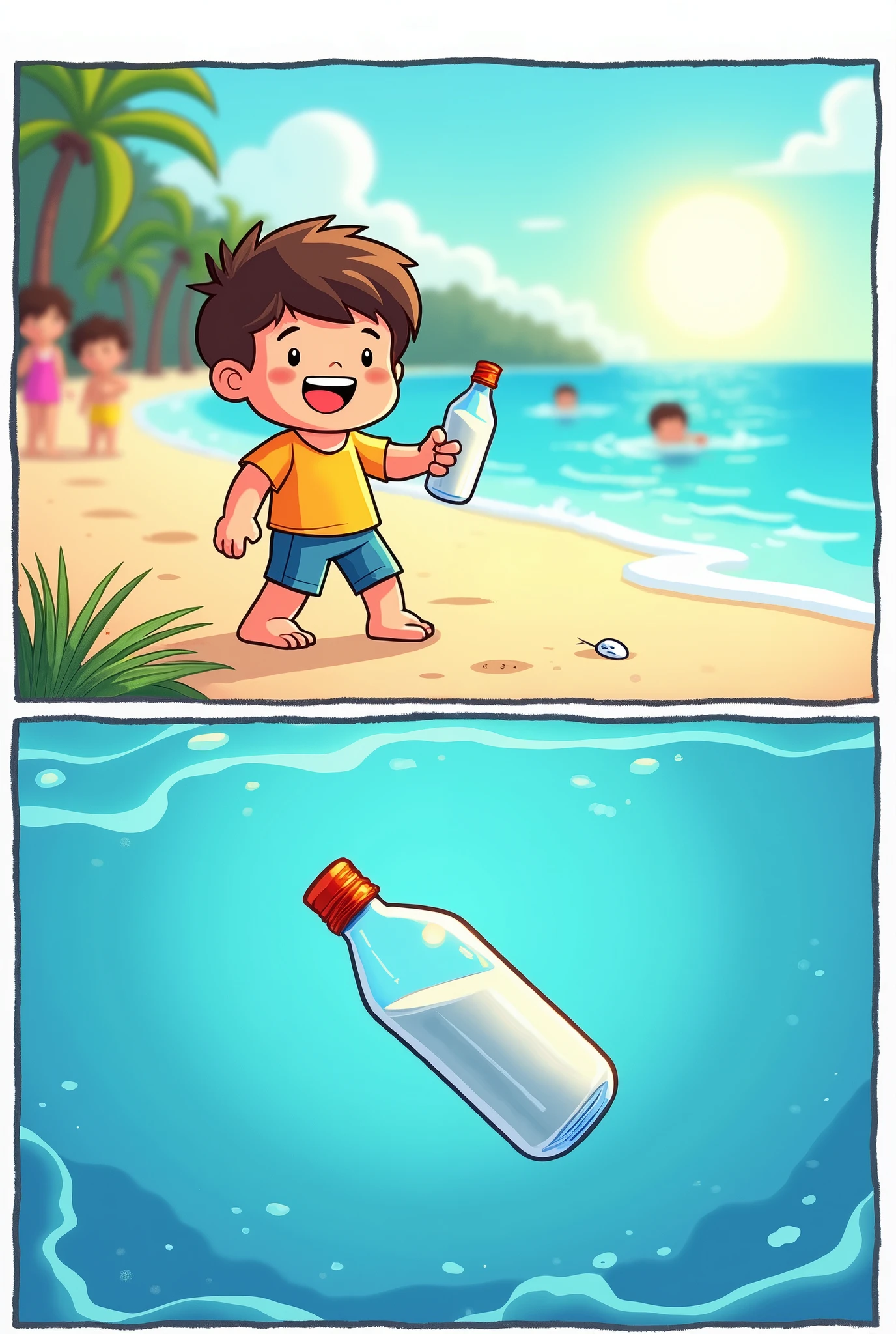 Generate an image for a comic page with this Page 1: The Introduction Cartoon 1:
A happy child on the beach, holding a plastic bottle. The sun is shining and the sea is blue.

Text: "On a sunny summer morning, A boy named Thomas plays on the beach. Inadvertently, throws a plastic bottle into the sea."

Viñeta 2:
The bottle floating in the water, with the sun reflecting off its surface. Thomas walks away playing with other children.

Text: "Thomas doesn&#39;t know that his small action will have big consequences.."
