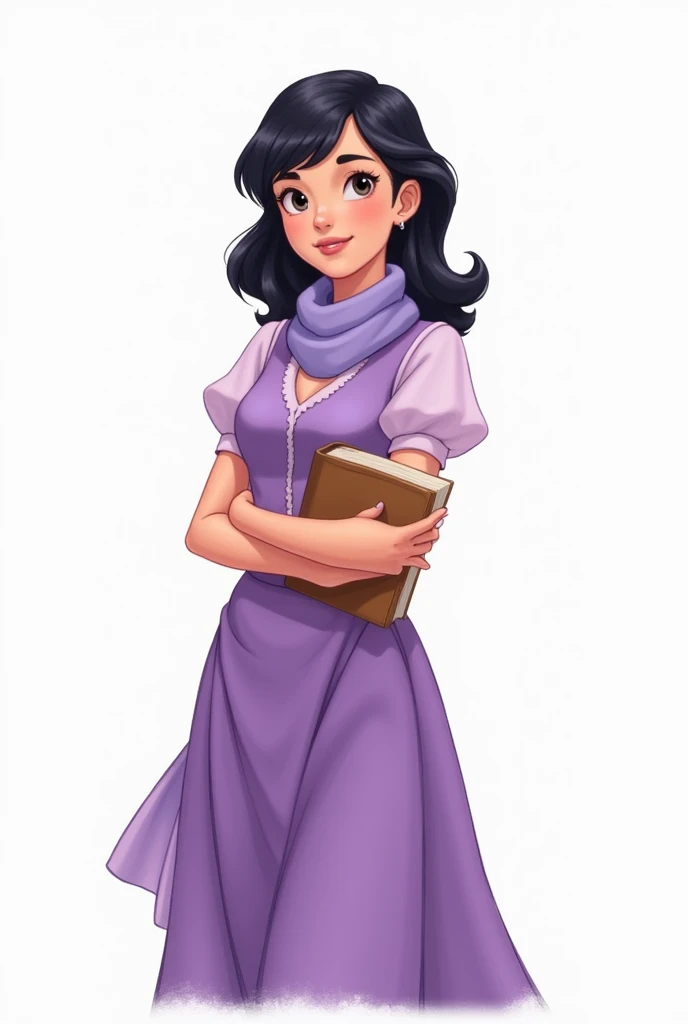Imagen tipo Disney con fondo blanco mujer joven con cabello medio corto negro traje morado falda larga y blusa y mascada en su cuello color lila y un libro en su mano