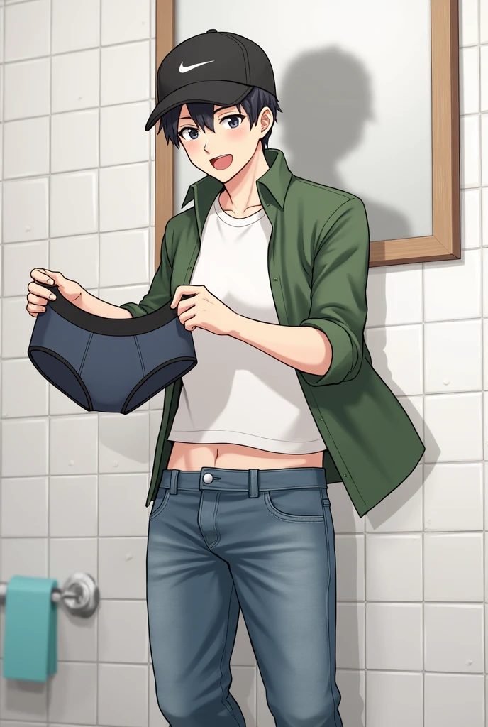 Luan is in a simple bathroom with white tiles. He is wearing jeans without underwear, a white t-shirt that reaches to the waist, a green blouse on top and a black cap that covers her black hair. He holds a pair of BOXER briefs in his hands and shows them to the "Camera" with a funny expression. The scene is casual and relaxed, with the bathroom mirror visible in the background.