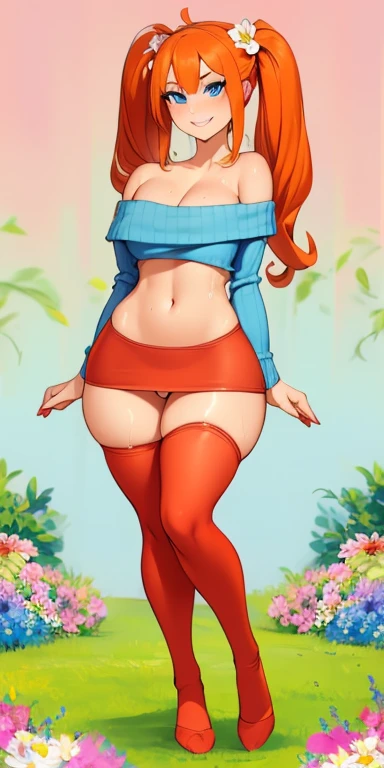 NSFW,  Girl with big blue eyes, smooth skin, detailed face, perfectly eyeliner, redhead, large and heavy bust, slim and curvy body, slim waist and wide hips big and shapely legs, camel toe, full body portrait1.2, Image 1.2 high resolution 