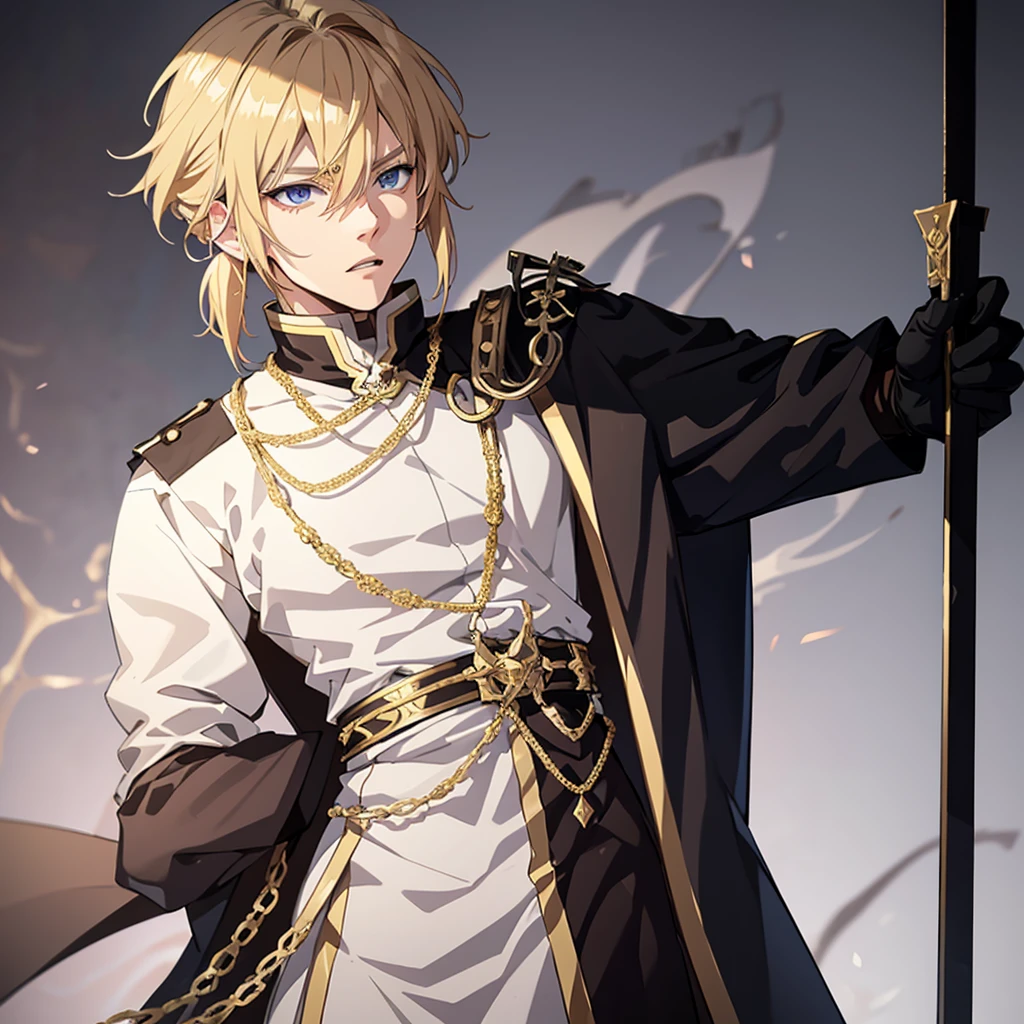 Anime attractive man, 20 year old, blonde hair, very very short ponytail, tall, muscular, white relatively tight mage tunic, black gloves, thin gold lining, solo, one person, knight, gold arm bracers, masculine face