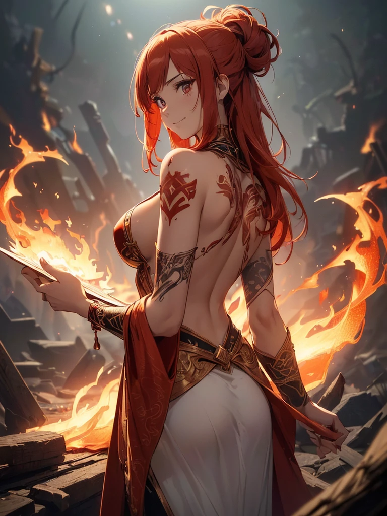 (((best quality, sharp image, clear image, cinematic lighting, 8k resolution, masterpiece, ultra detailed, intricate))) Girl, (((looking over left shoulder))), (shot from behind), fire mage, ((intricate background)), ((chaotic background)), red hair, smiling, ((flame runes, flame sigils)), (tatoo on back), slim figure, flying sigils, long dress, cute