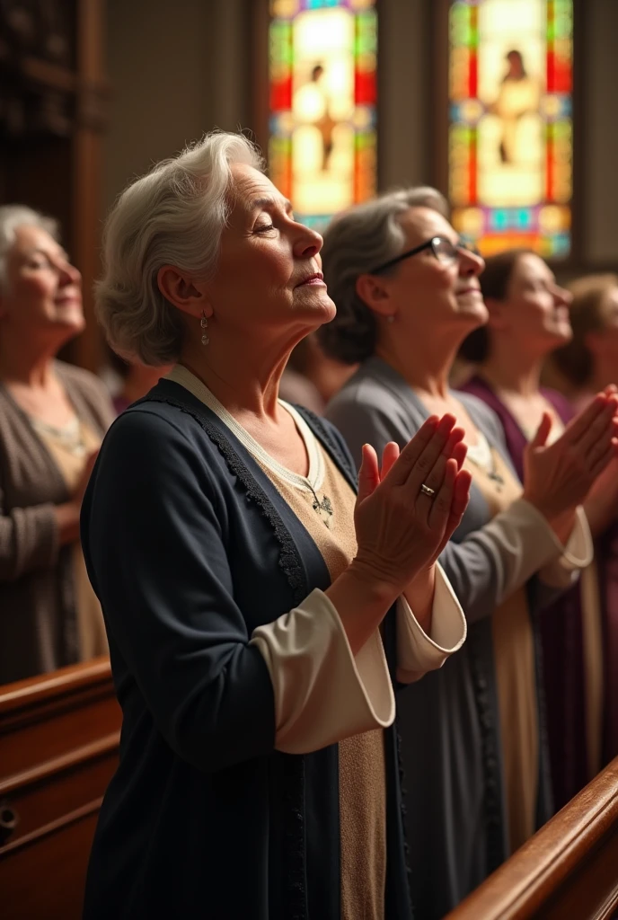 Evangelical Christian ladies gathered in a church dressed in dresses praising God
