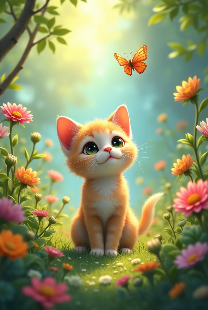 Little cat in a beautiful garden . Her eyes shone when she saw butterflies among the flowers 