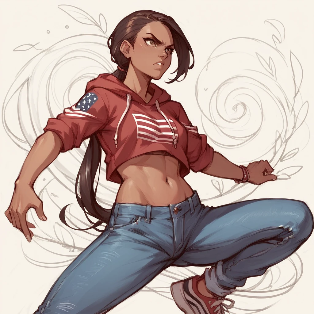  1girl, sketch, detailed background, African American, hoodie midriff, rolled up sleeves, ((low rise jeans)), sneakers shoes, lovely long ponytail twist dredloks, determined expression,  Half body shot 
